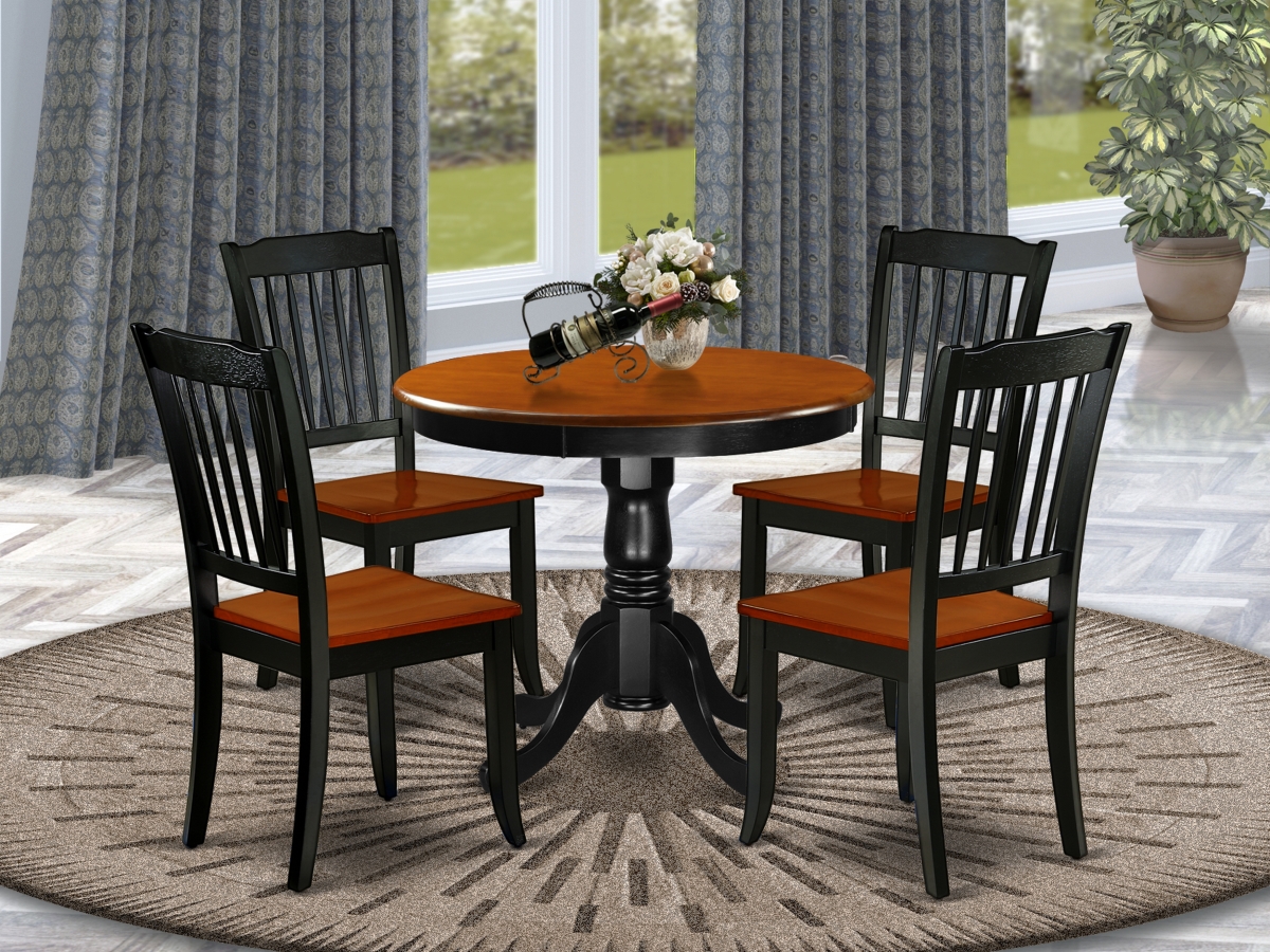 36 in. Antique Round Table & 4 Vertical Slatted Chairs - Black & Cherry, 5 Piece