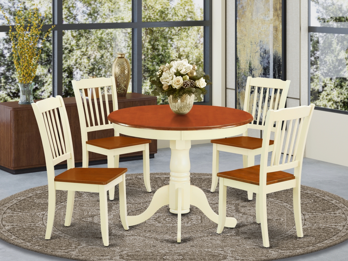 36 in. Antique Round Table & 4 Vertical Slatted Chairs - Buttermilk & Cherry, 5 Piece