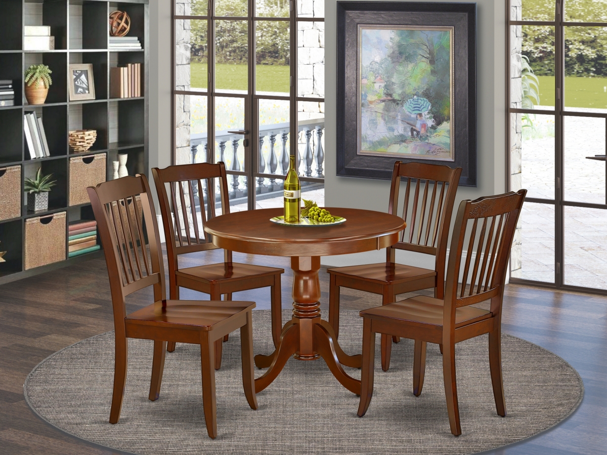 36 in. Antique Round Table & 4 Vertical Slatted Chairs - Mahogany, 5 Piece