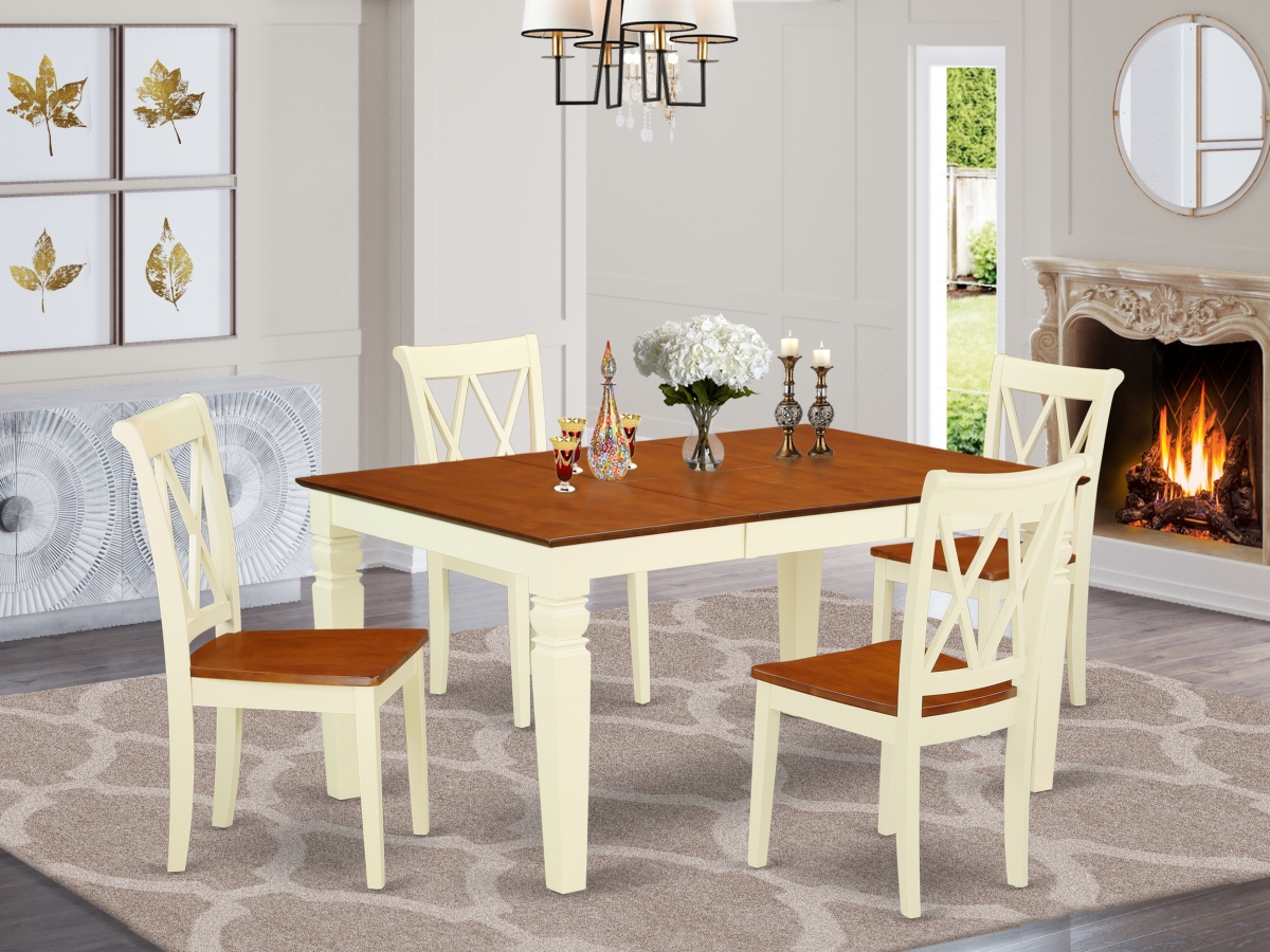 42-60 in. Weston Rectangular Table with 18 in. Leaf & 4 Double X Back Chairs - Buttermilk & Cherry, 5 Piece