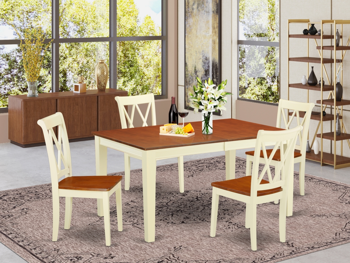 54-66 in. Nicoli Rectangular Table with 12 in. Leaf & 4 Double X Back Chairs - Buttermilk & Cherry, 5 Piece