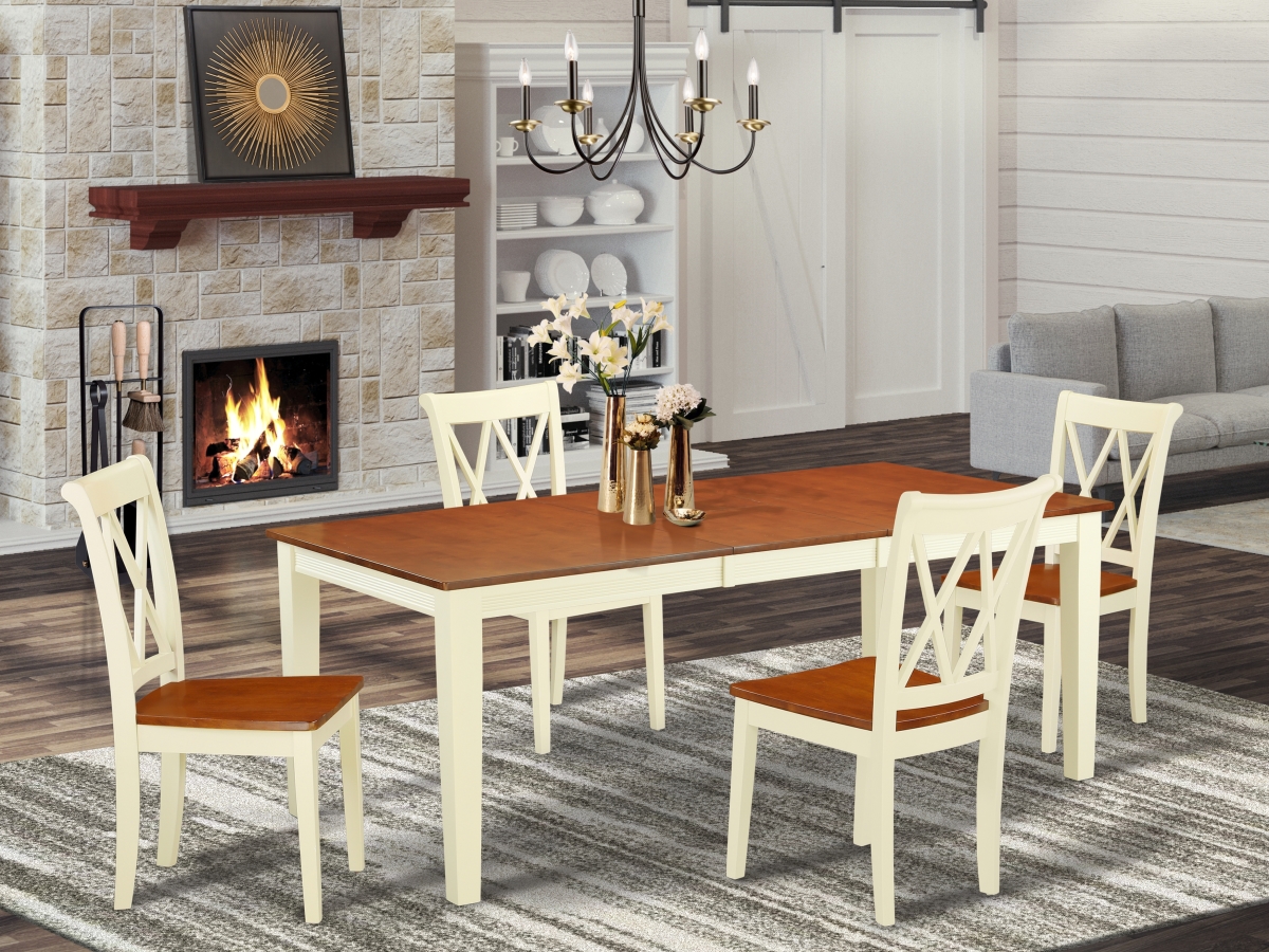 60-78 in. Quincy Rectangular Table with 18 in. Leaf & 4 Double X Back Chairs - Buttermilk & Cherry, 5 Piece