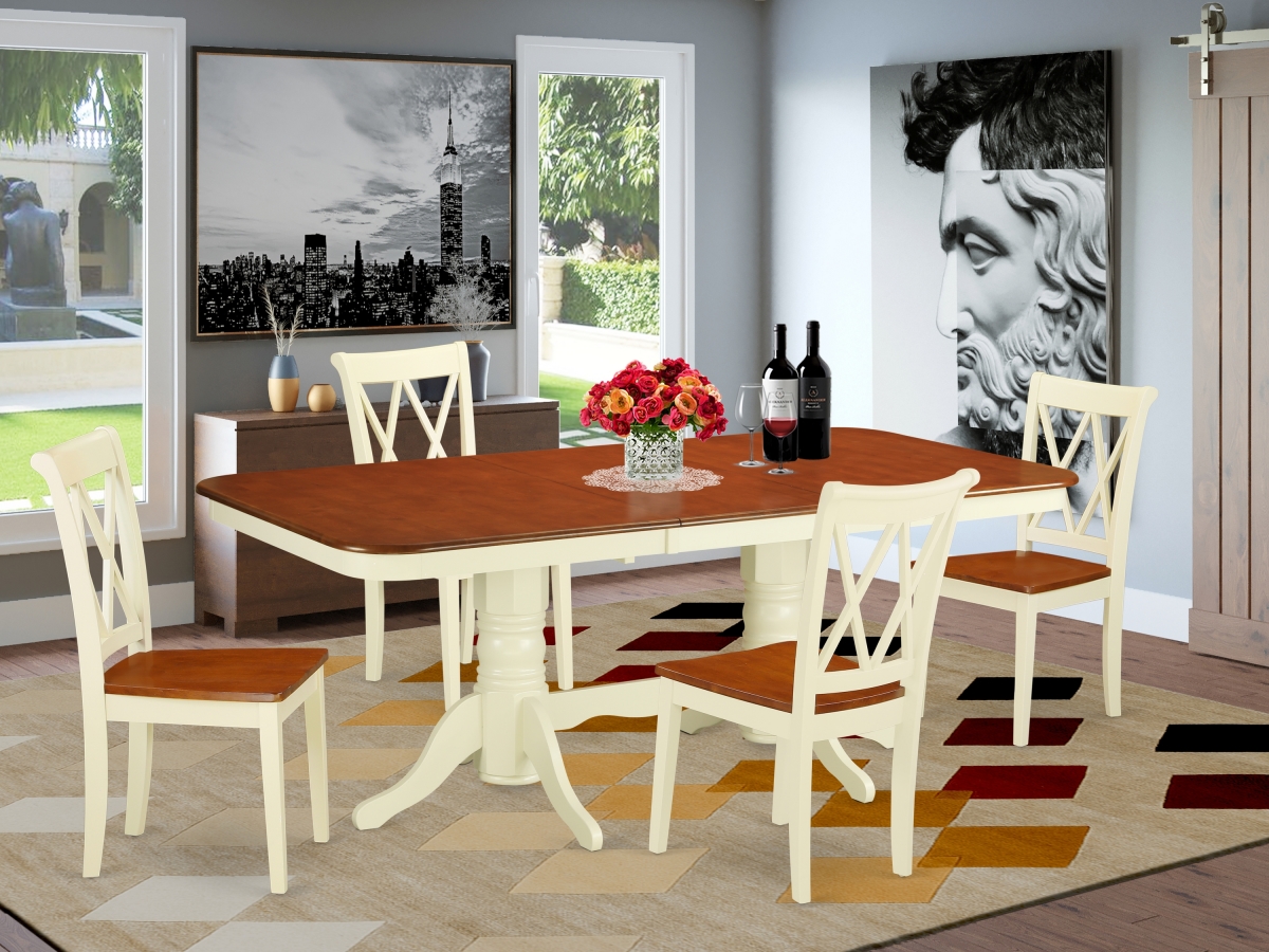 NACL5-BMK-W 60-78 in. Napoleon Rectangular Table with 18 in. Leaf & 4 Double X Back Chairs - Buttermilk & Cherry, 5 Piece