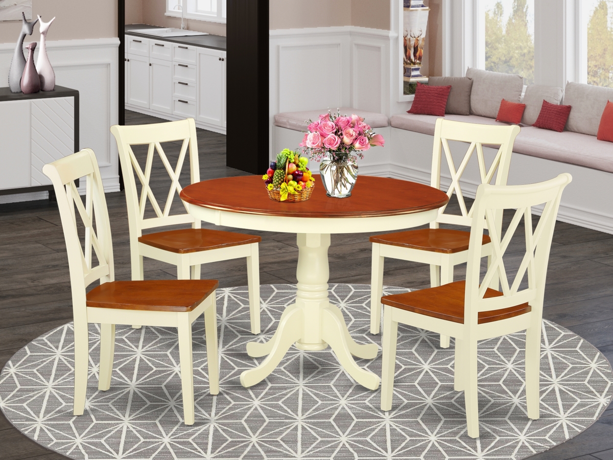 42 in. Hartland Round Table & 4 Double X Back Chairs - Buttermilk & Cherry, 5 Piece