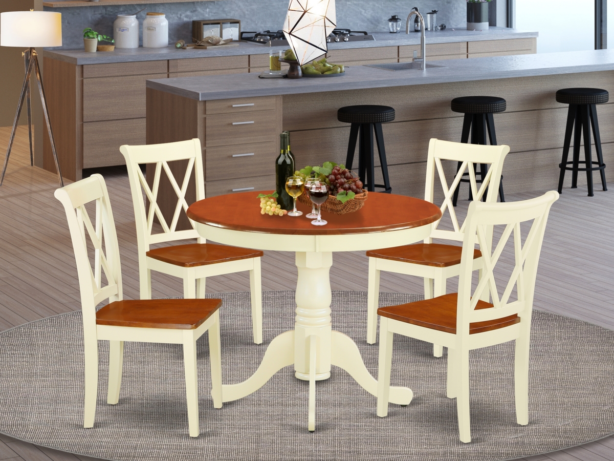 36 in. Antique Round Table & 4 Double X Back Chairs - Buttermilk & Cherry, 5 Piece