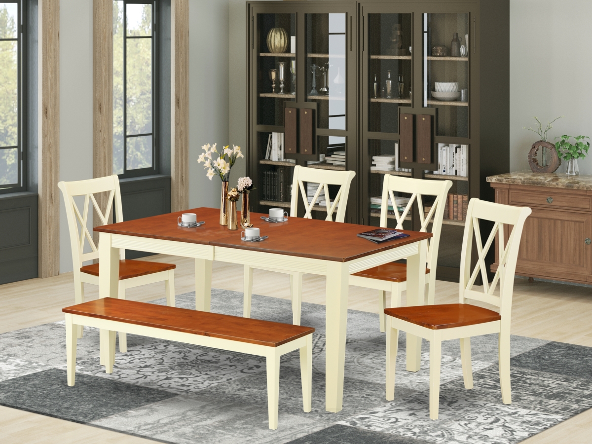 54-66 in. Nicoli Rectangular Table with 12 in. Leaf & 4 Double X Back Chairs Plus 1 Bench - Buttermilk & Cherry, 6 Piece