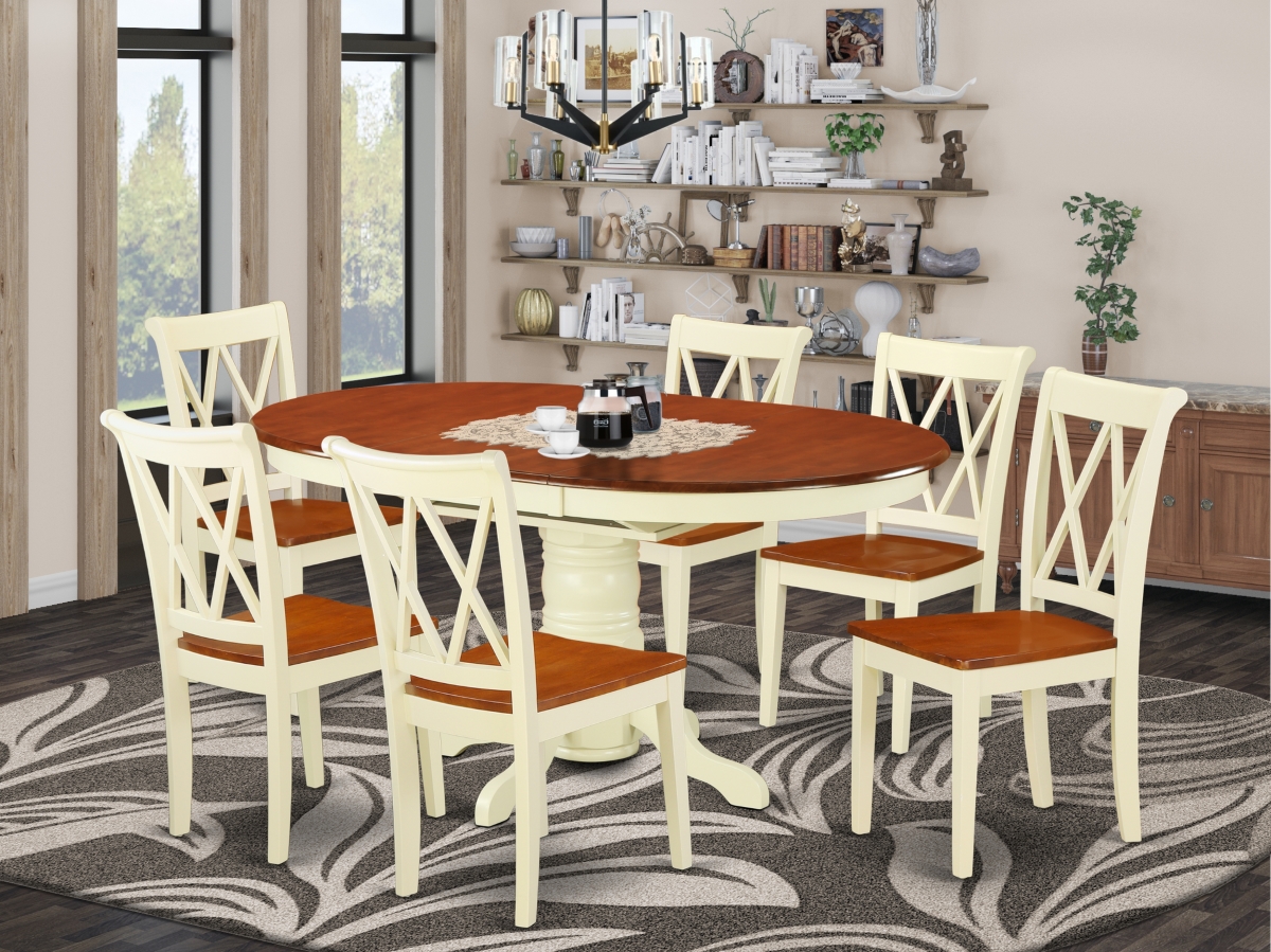 42-60 in. Kenley Oval Table with 18 in. Leaf & 6 Double X Back Chairs - Buttermilk & Cherry, 7 Piece