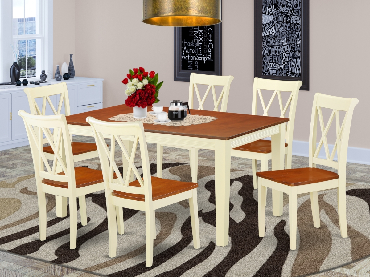 54-66 in. Nicoli Rectangular Table with 12 in. Leaf & 6 Double X Back Chairs - Buttermilk & Cherry, 7 Piece