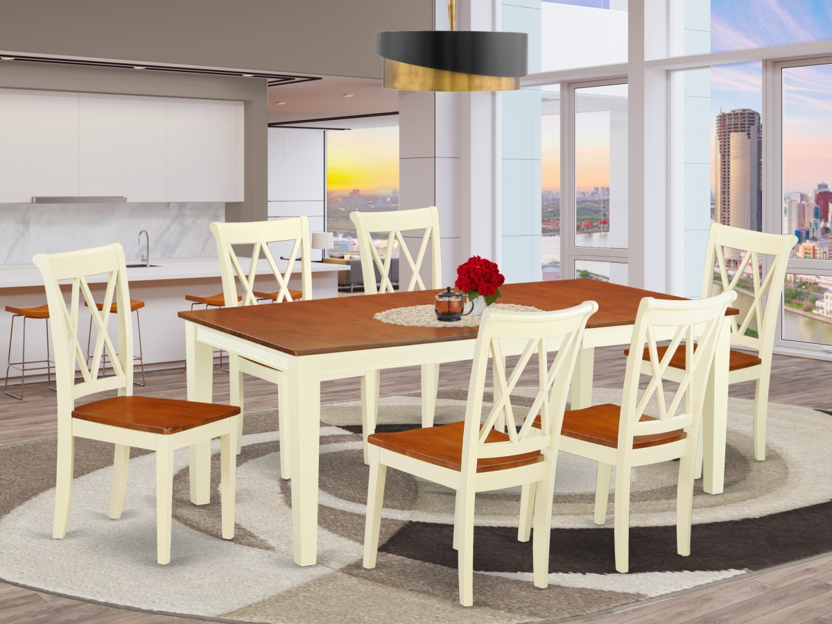 60-78 in. Quincy Rectangular Table with 18 in. Leaf & 6 Double X Back Chairs - Buttermilk & Cherry, 7 Piece