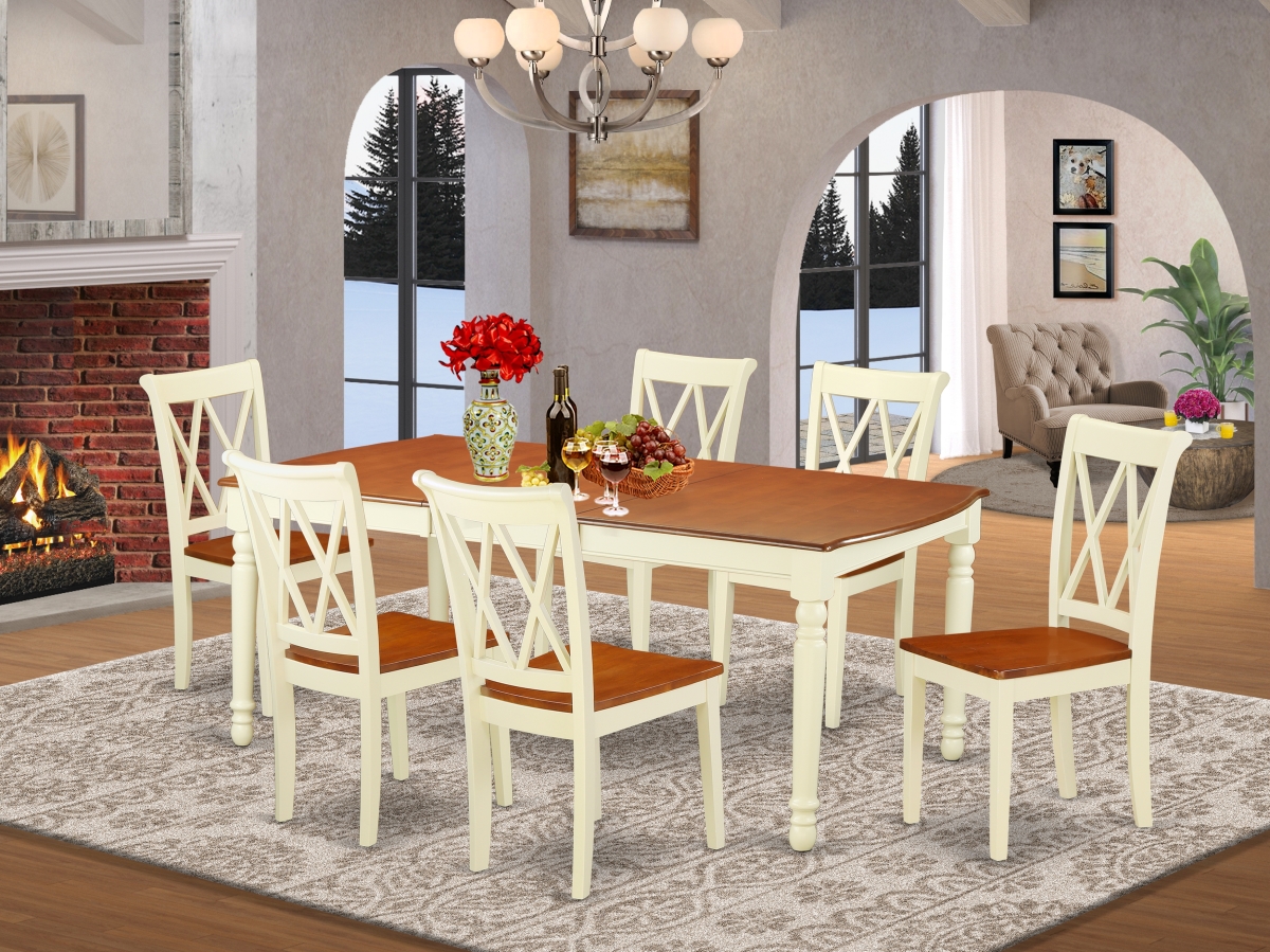 DOCL7-BMK-W 60-78 in. Dover Rectangular Table with 18 in. Leaf & 6 Double X Back Chairs - Buttermilk & Cherry, 7 Piece