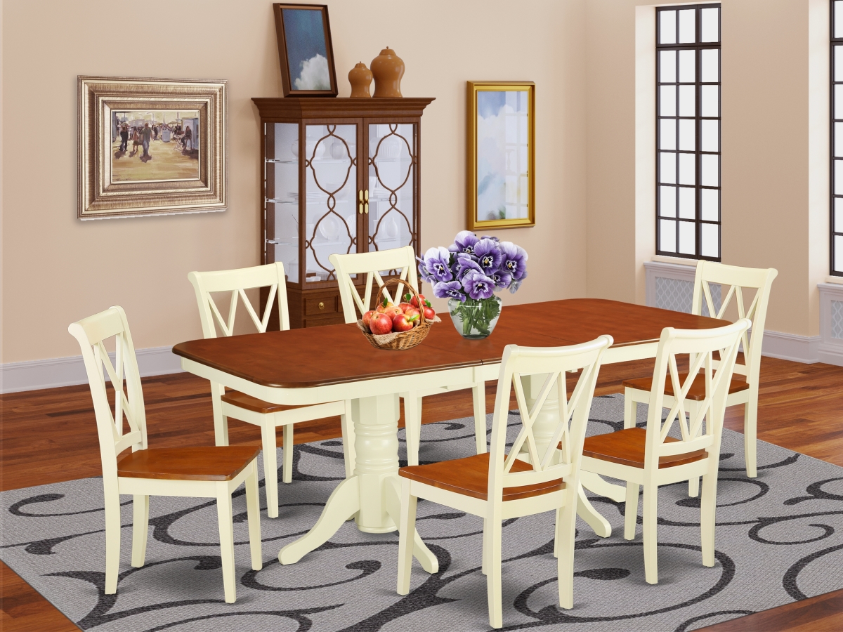 60-78 in. Napoleon Rectangular Table with 18 in. Leaf & 6 Double X Back Chairs - Buttermilk & Cherry, 7 Piece