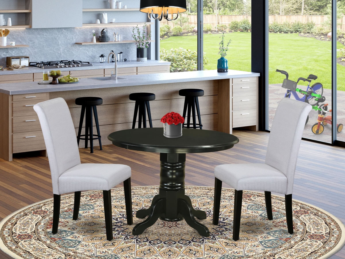3 Piece Shelton Small Round Table with Linen Grayish Blue Fabric Kitchen Chairs with Black Chair Legs
