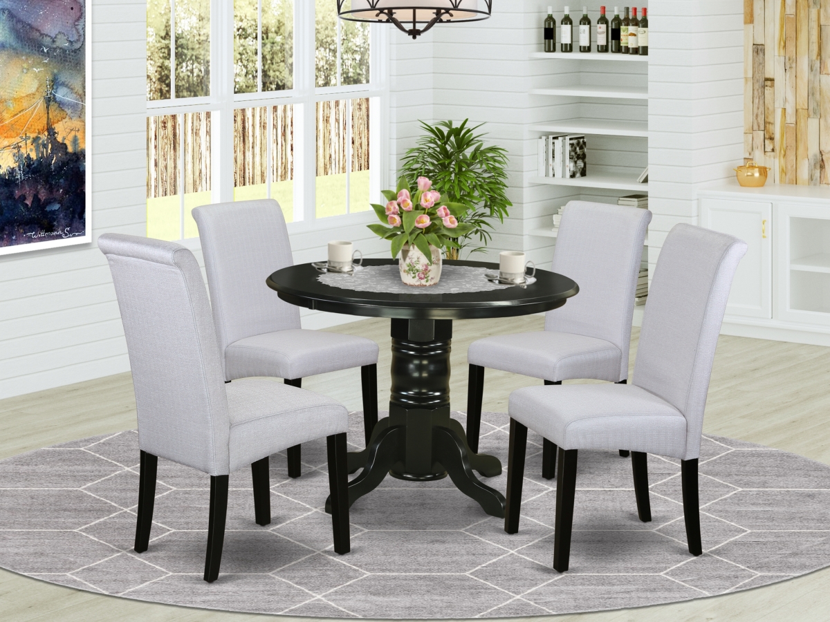 5 Piece Shelton Small Round Table with Linen Grayish Blue Fabric Parson Chairs with Black Chair Legs