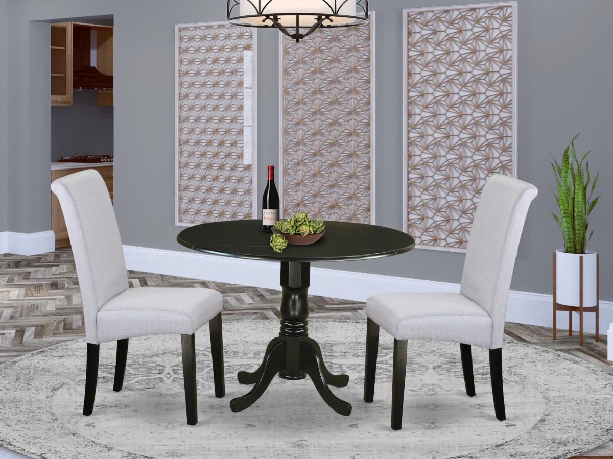 3 Piece Dublin Small Round Table with Linen Grayish Blue Fabric Kitchen Chairs with Black Chair Legs