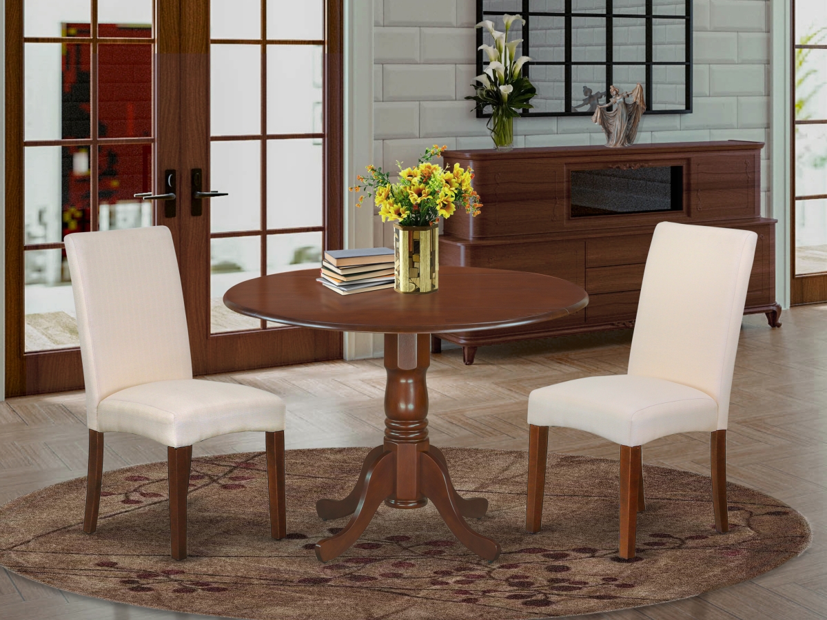 42 in. Dublin Round Dining Table with Two 9 in. Drop Leaves & Two Parson Chair with Mahogany Leg & Linen Fabric - Cream, 3 Piece