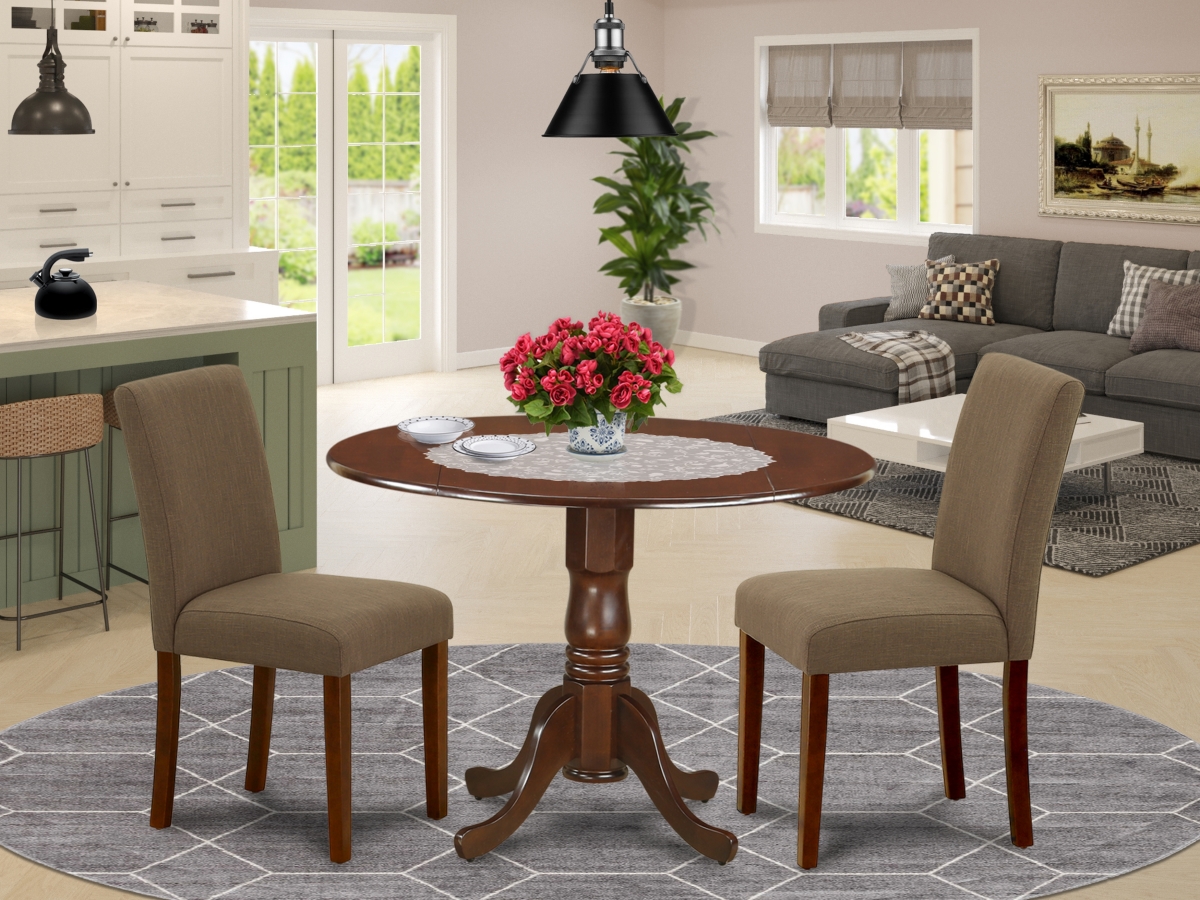 42 in. Dublin Round Dining Room Table with Two 9 in. Drop Leaves & 2 Parson Chair with Mahogany Leg & Linen Fabric - Coffee, 3 Piece