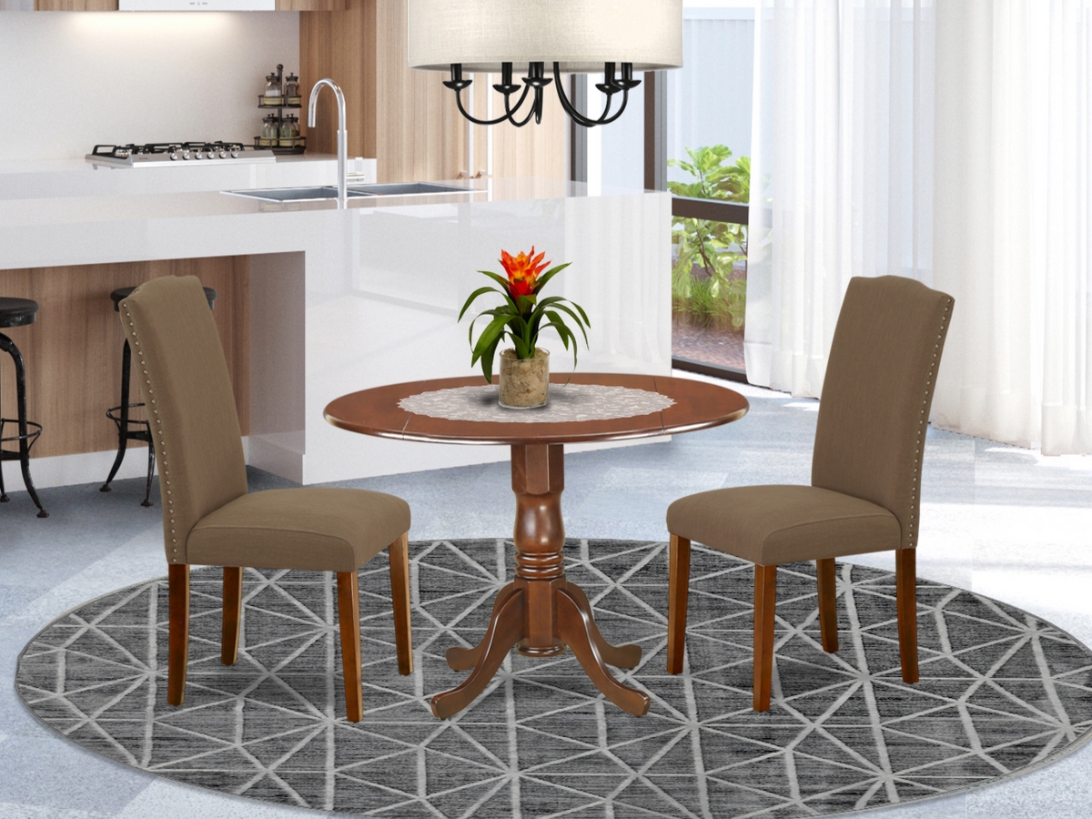 42 in. Dublin Round Kitchen Table with Two 9 in. Drop Leaves & Parson Chair with Mahogany Leg & Linen Fabric - Dark Coffee, 3 Piece