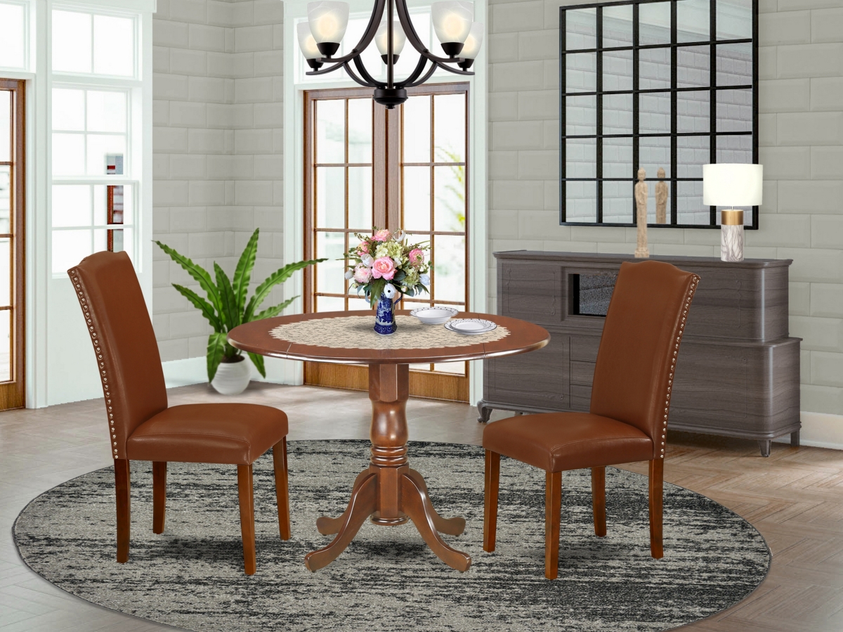 42 in. Dublin Round Kitchen Table with Two 9 in. Drop Leaves & Parson Chair with Mahogany Leg & Brown Flaux Leather, 3 Piece