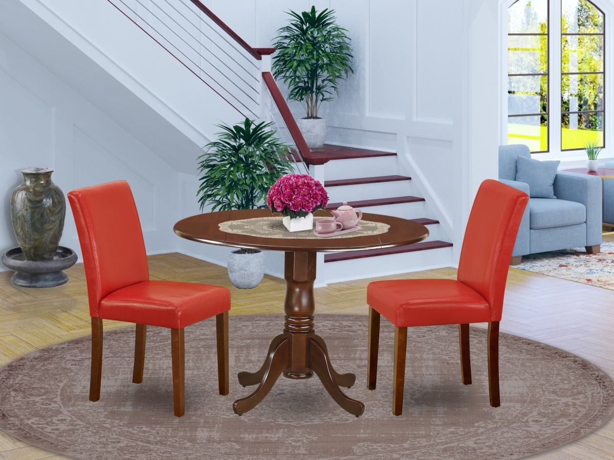 42 in. Dublin Round Dining Room Table with Two 9 in. Drop Leaves & 2 Parson Chair with Mahogany Leg & Pu Leather - Firebrick Red, 3 Piece