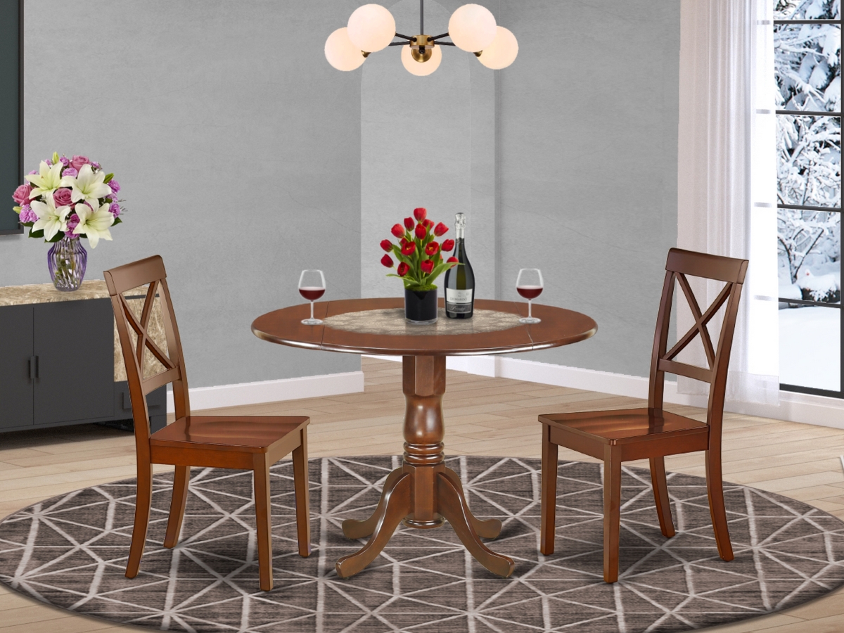 42 in. Dublin Round Dinner Table with Two 9 in. Drop Leaves & Two Wood Seat Kitchen Chairs - Mahogany, 3 Piece