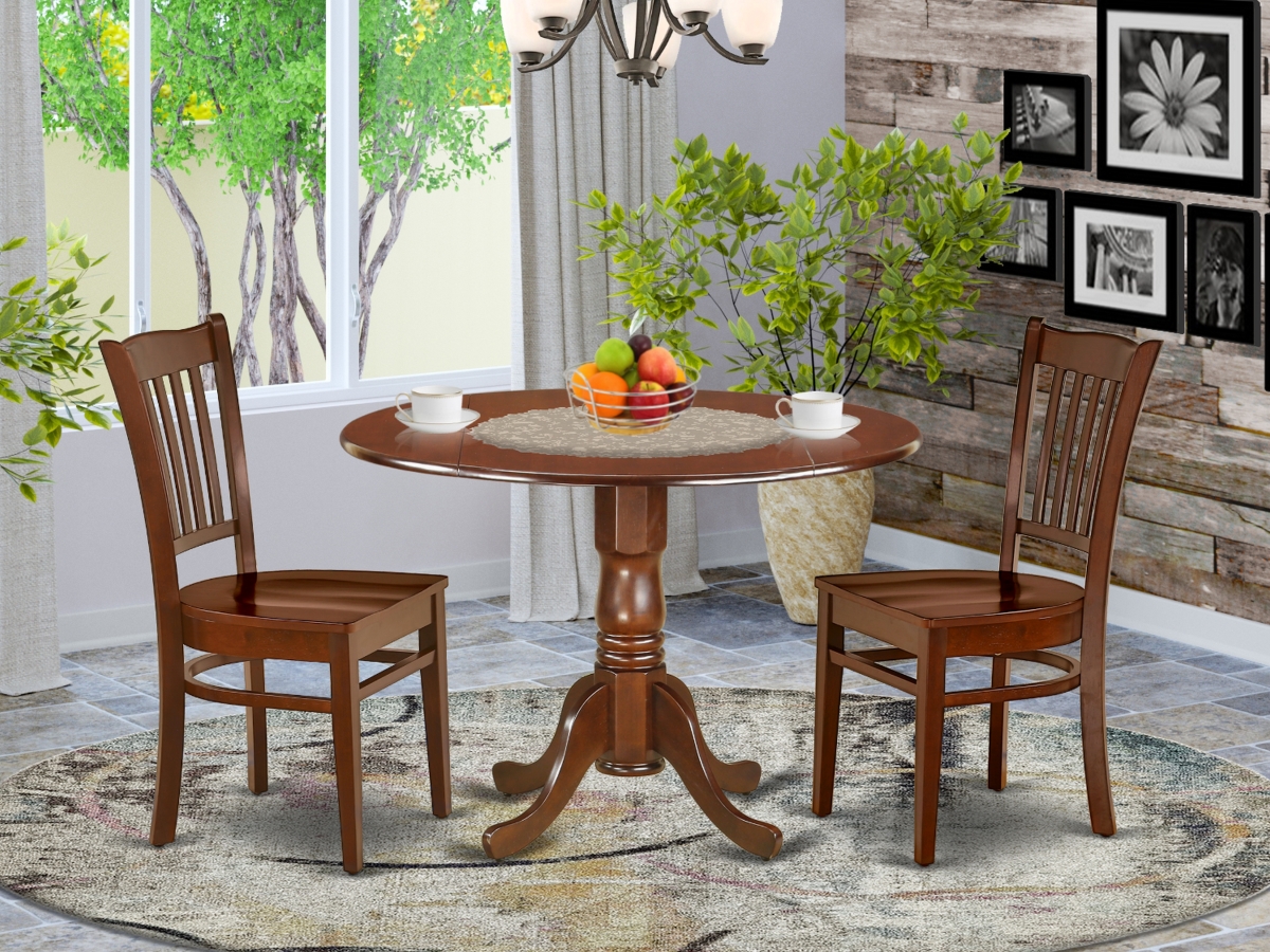 42 in. Dublin Round Dining Table with Two 9 in. Drop Leaves & 2 Wood Seat Chairs - Mahogany, 3 Piece