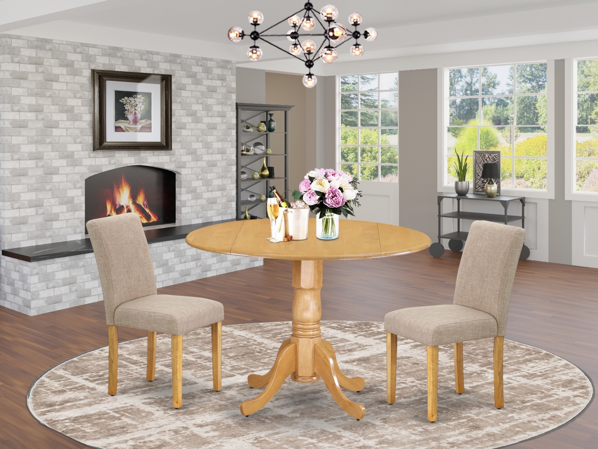 42 in. Dublin Round Dining Room Table with Two 9 in. Drop Leaves & 2 Parson Chair with Oak Leg & Linen Fabric - Light Fawn, 3 Piece