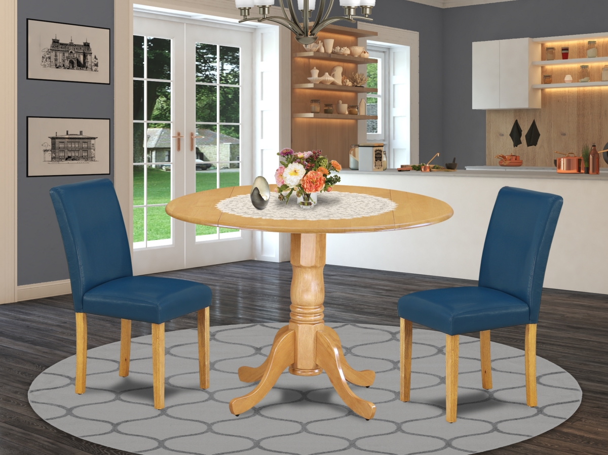 42 in. Dublin Round Dining Room Table with Two 9 in. Drop Leaves & Parson Chair with Oak Leg & Pu Leather - Oasis, 3 Piece