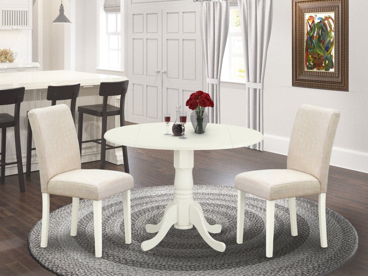 42 in. Dublin Round Dining Room Table with Two 9 in. Drop Leaves & 2 Parson Chair with Linen White Leg & Linen Fabric - Light Beige, 3 Piece
