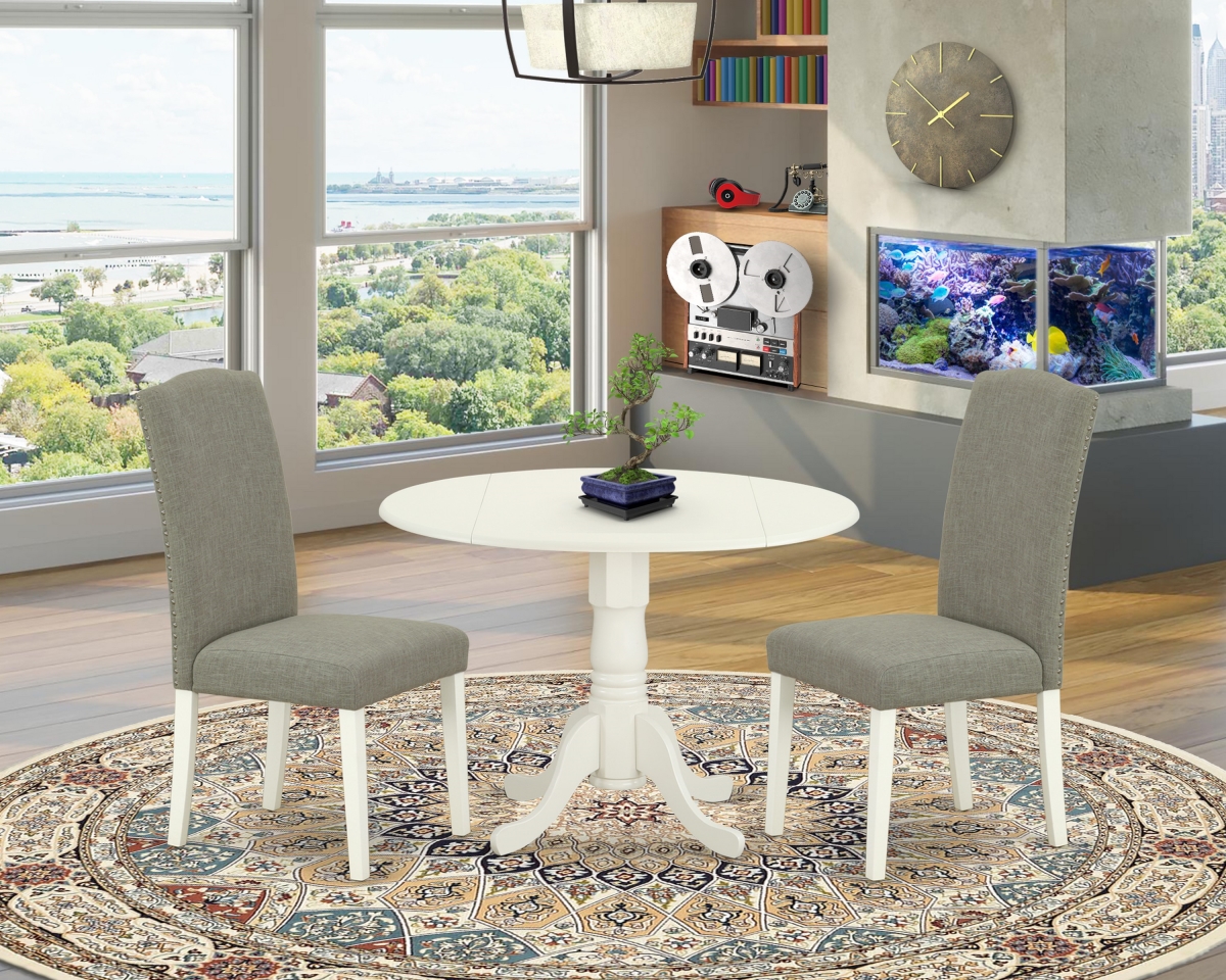 42 in. Dublin Round Kitchen Table with Two 9 in. Drop Leaves & Parson Chair with Linen White Leg & Linen Fabric - Dark Shitake, 3 Piece