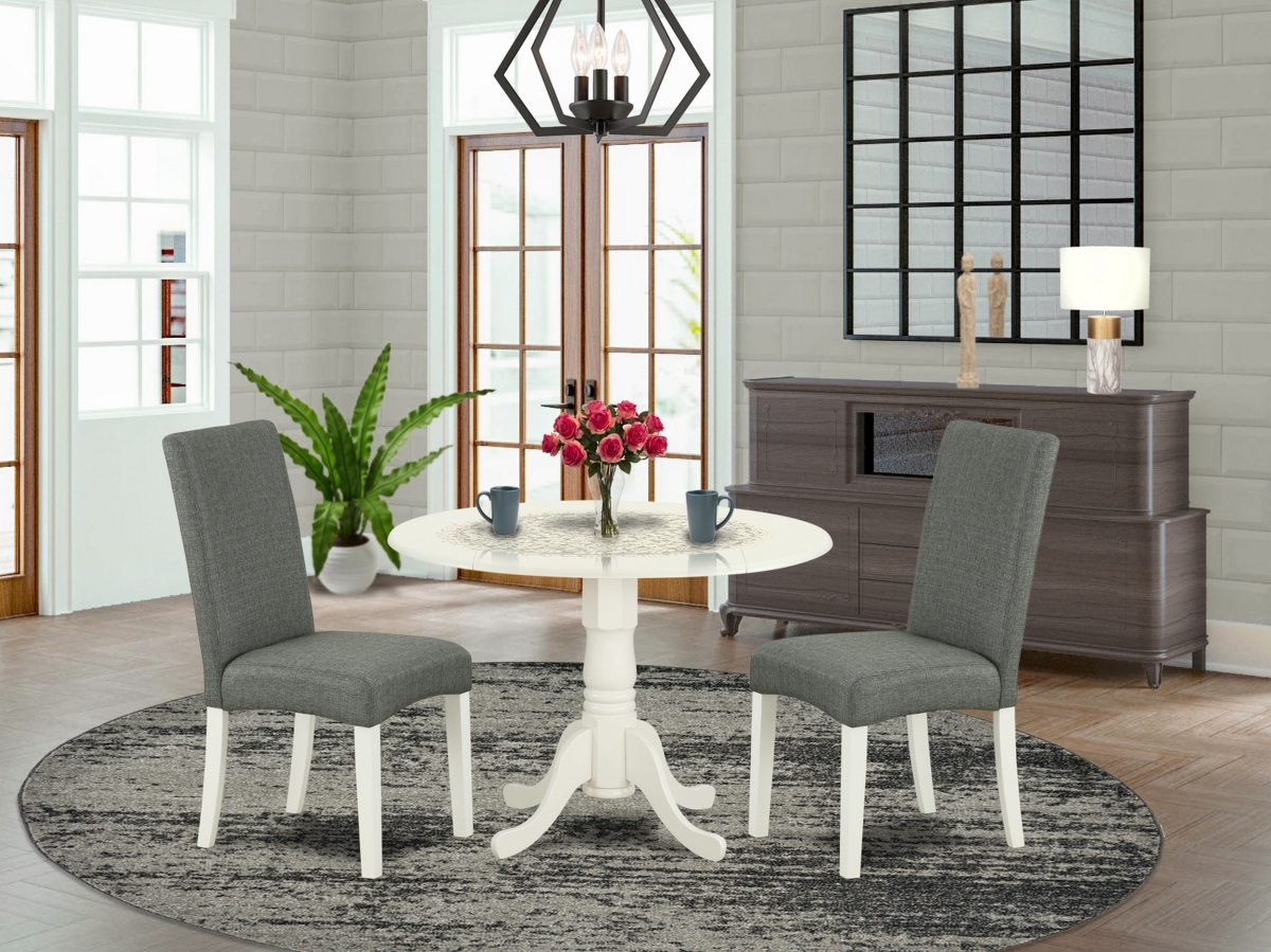 42 in. Dublin Round Dining Table with Two 9 in. Drop Leaves & Two Parson Chair with Linen White Leg & Linen Fabric - Gray, 3 Piece