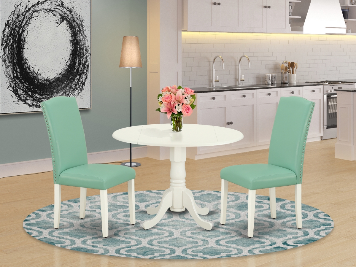 42 in. Dublin Round Kitchen Table with Two 9 in. Drop Leaves & Parson Chair with Linen White Leg & Pu Leather - Pond, 3 Piece