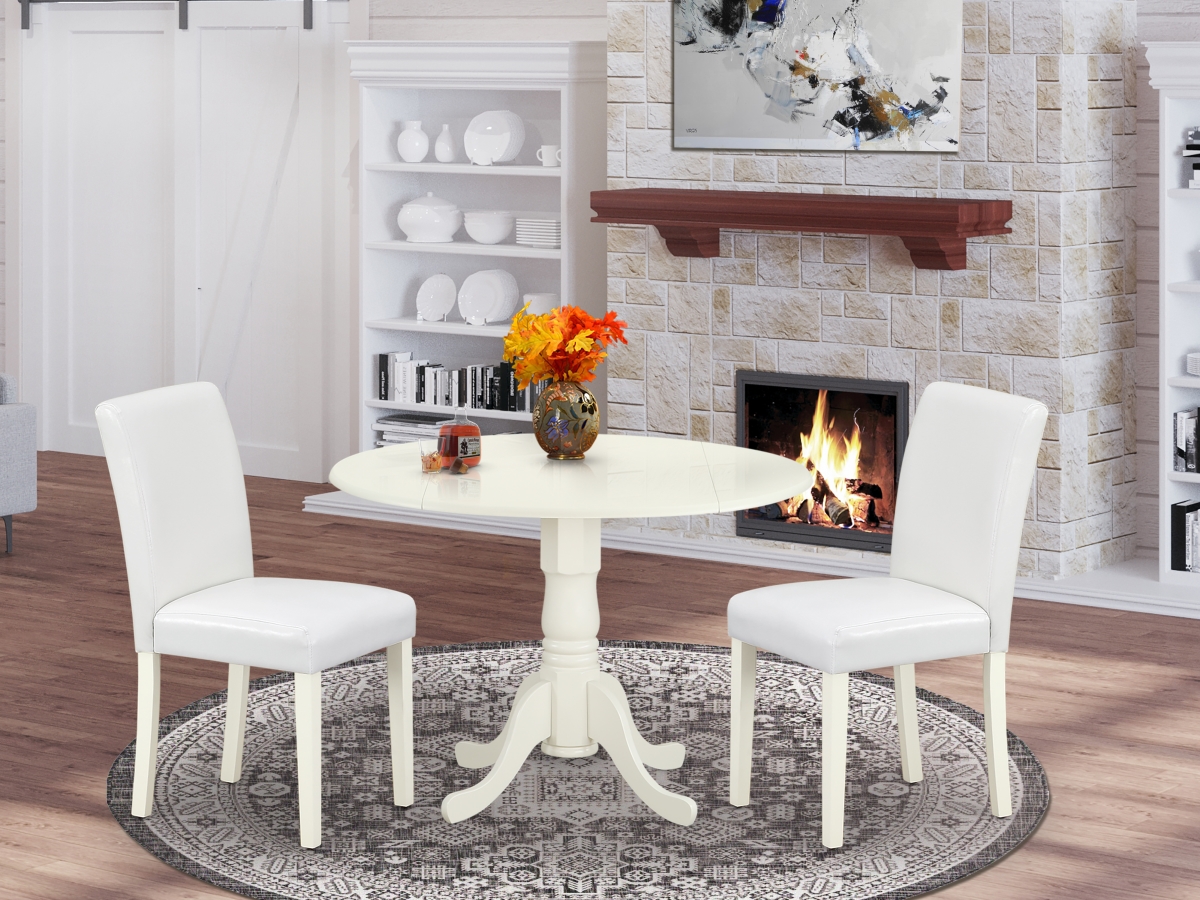 42 in. Dublin Round Dining Room Table with Two 9 in. Drop Leaves & 2 Parson Chair with Linen White Leg & Pu Leather - White, 3 Piece