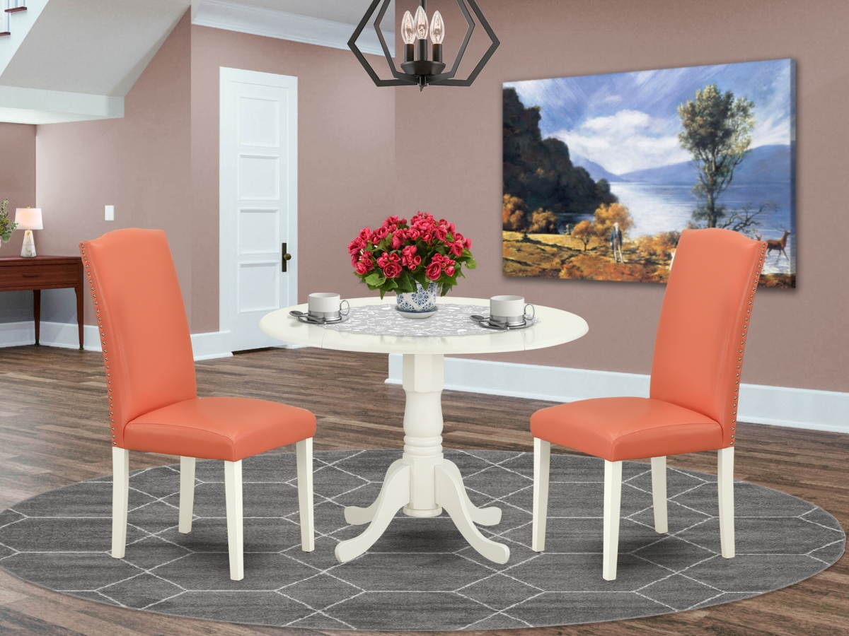 42 in. Dublin Round Kitchen Table with Two 9 in. Drop Leaves & Parson Chair with Linen White Leg & Pu Leather - Pink Flamingo, 3 Piece -  East West Furniture, DLEN3-LWH-78