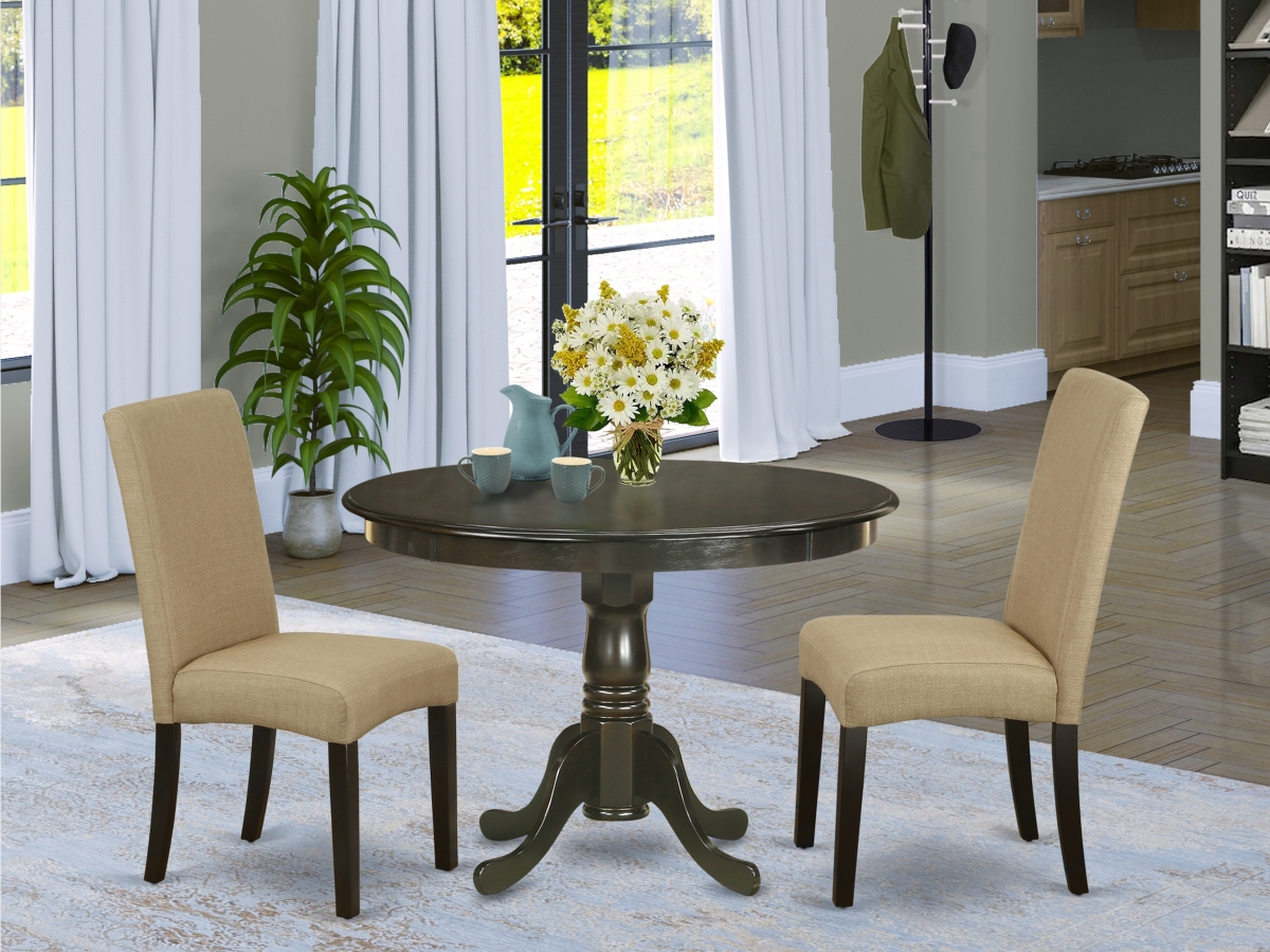 42 in. Hartland Round Dining Table & Two Parson Chair with Cappuccino Leg & Linen Fabric - Brown, 3 Piece
