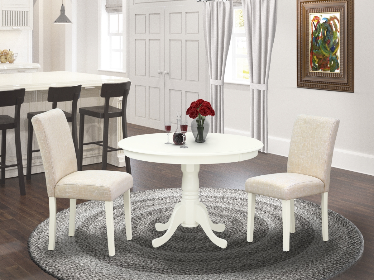 HLAB3-LWH-02 42 in. Hartland Round Kitchen Table & 2 Parson Chair with Linen White Leg & Linen Fabric - Light Beige, 3 Piece