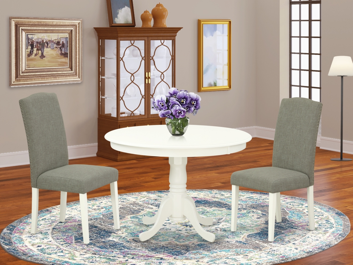 42 in. Hartland Round Dining Table & Two Parson Chair with Linen White Leg & Linen Fabric - Dark Shitake, 3 Piece