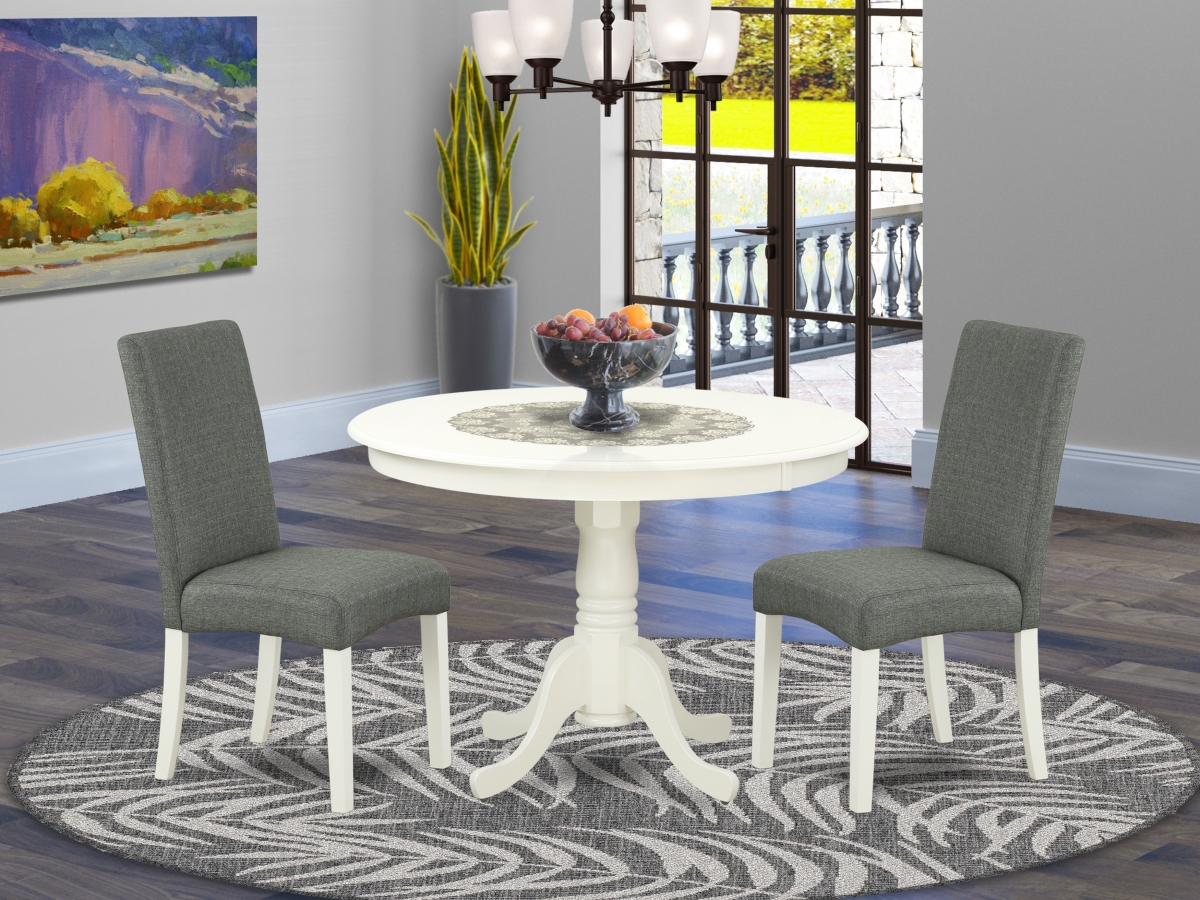 42 in. Hartland Round Dining Table & Two Parson Chair with Linen White Leg & Linen Fabric - Gray, 3 Piece