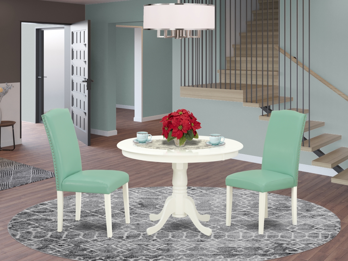 42 in. Hartland Round Dining Table & Two Parson Chair with Linen White Leg & Pu Leather - Pond, 3 Piece