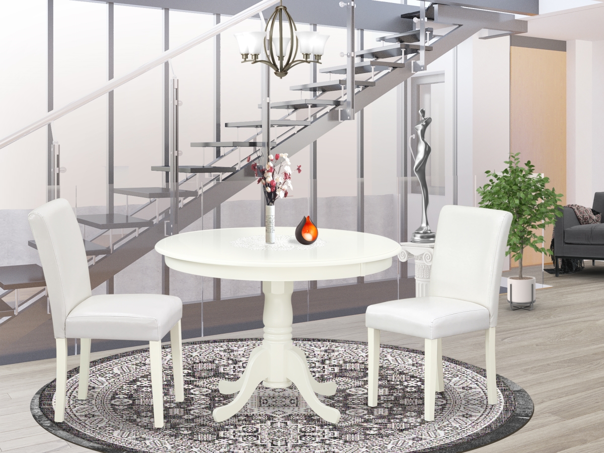 42 in. Hartland Round Kitchen Table & 2 Parson Chair with Linen White Leg & Pu Leather - White, 3 Piece