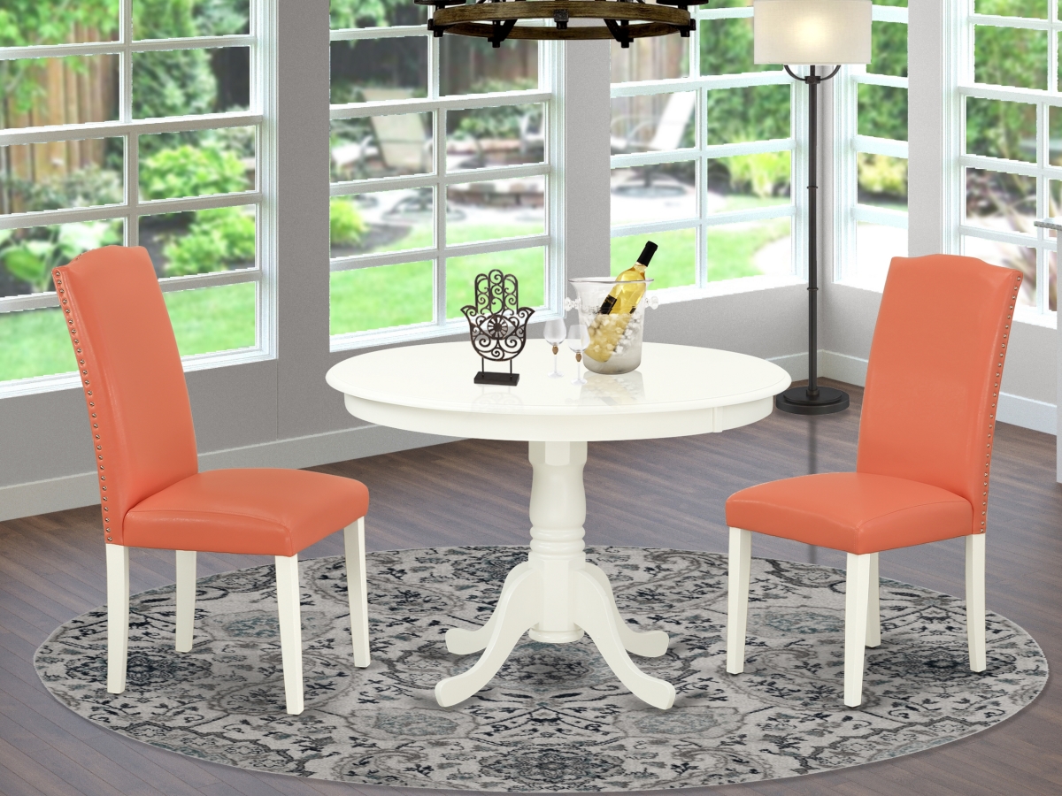 42 in. Hartland Round Dining Room Table & 2 Parson Chair with Linen White Leg & Pu Leather - Pink Flamingo, 3 Piece -  GSI Homestyles, HO2959652