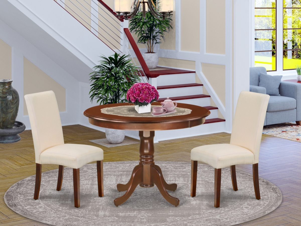 HLDR3-MAH-01 42 in. Hartland Round Dining Table & Two Parson Chair with Mahogany Leg & Linen Fabric - Cream, 3 Piece