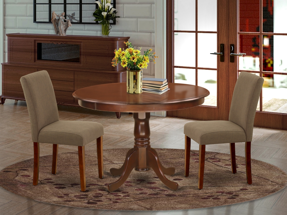 42 in. Hartland Round Kitchen Table & 2 Parson Chair with Mahogany Leg & Linen Fabric - Coffee, 3 Piece