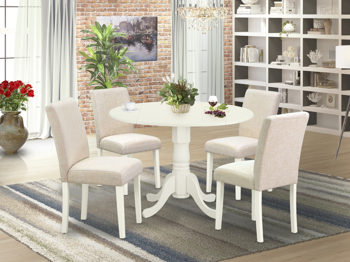 42 in. Dublin Round Kitchen Table with Two 9 in. Drop Leaves & Four Parson Chair with Linen White Leg & Linen Fabric - Light Beige, 5 Piece