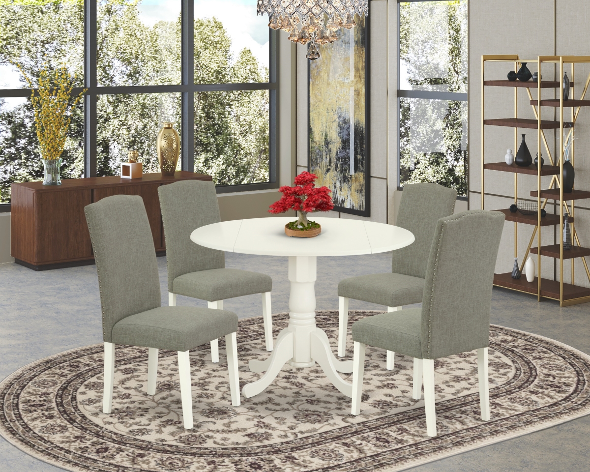 42 in. Dublin Round Kitchen Table with Two 9 in. Drop Leaves & Four Parson Chair with Linen White Leg & Linen Fabric - Dark Shitake, 5 Piece