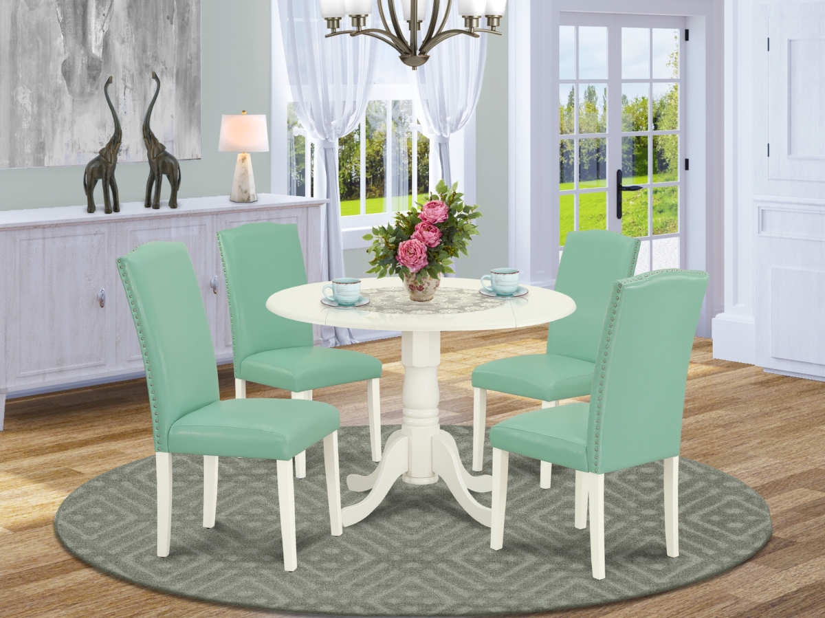 42 in. Dublin Round Kitchen Table with Two 9 in. Drop Leaves & Four Parson Chair with Linen White Leg & Pu Leather - Pond, 5 Piece