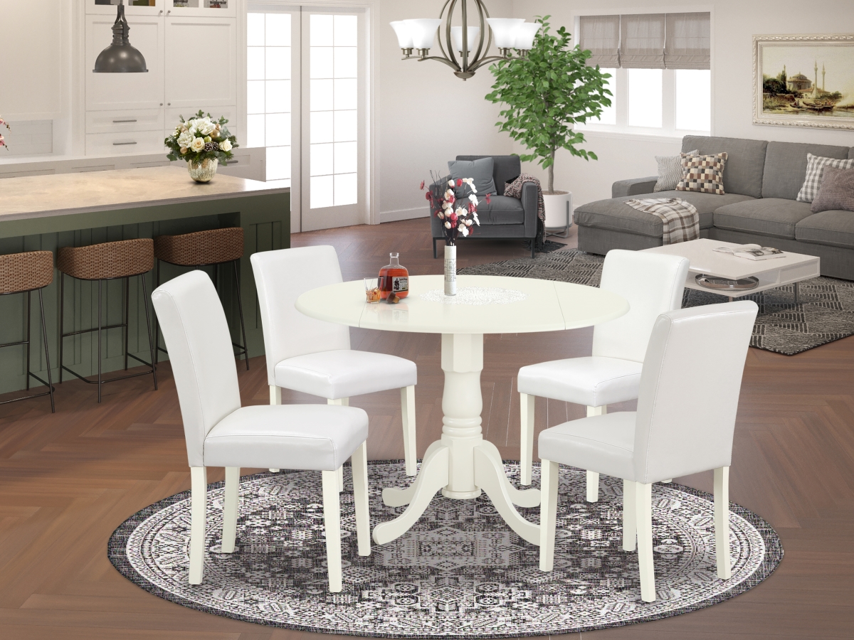 42 in. Dublin Round Kitchen Table with Two 9 in. Drop Leaves & Four Parson Chair with Linen White Leg & Pu Leather - White, 5 Piece
