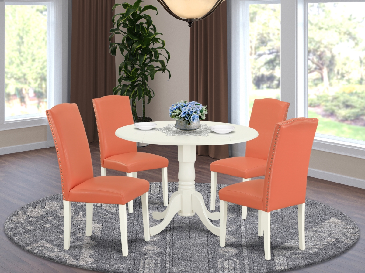 42 in. Dublin Round Kitchen Table with Two 9 in. Drop Leaves & Four Parson Chair with Linen White Leg & Pu Leather - Pink Flamingo, 5 Piece -  GSI Homestyles, HO2964369
