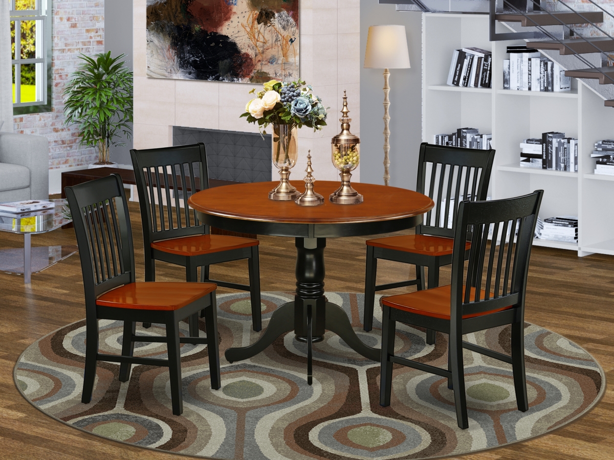 42 in. Hartland Round Table & Four Wood Seat Kitchen Chairs - Black & Cherry, 5 Piece