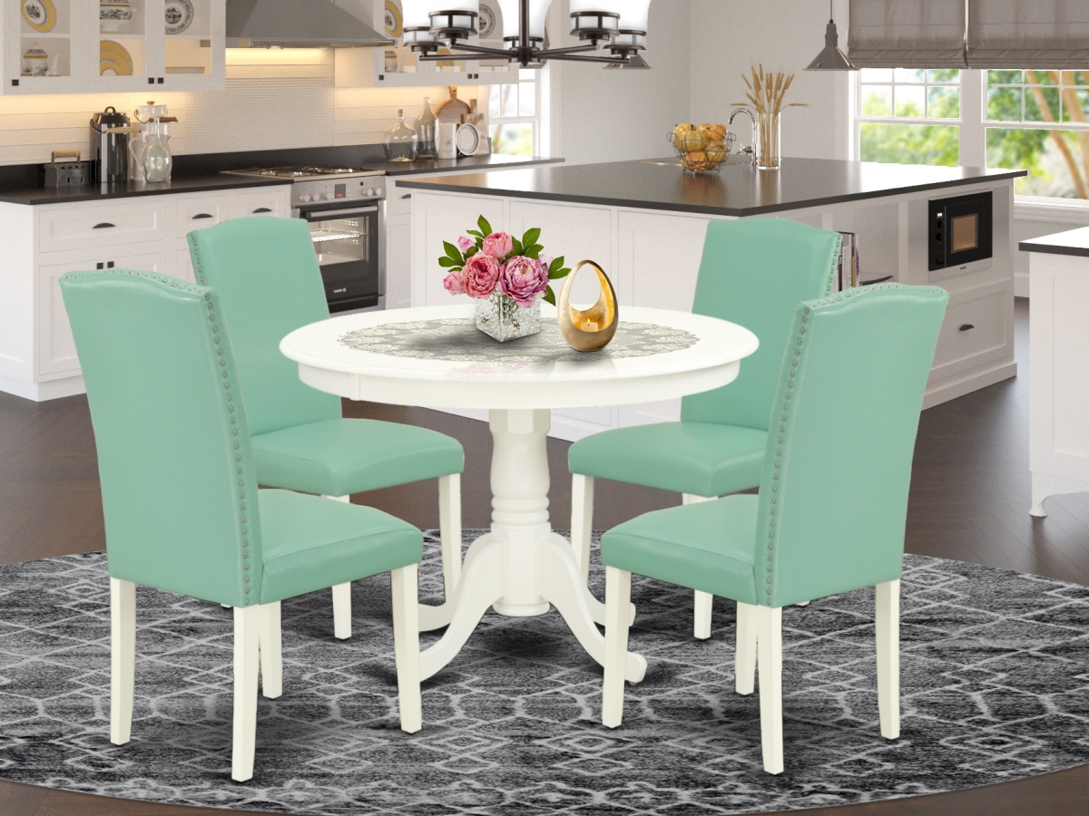 42 in. Hartland Round Dinette Table & Four Parson Chair with Linen White Leg & Pu Leather - Pond, 5 Piece