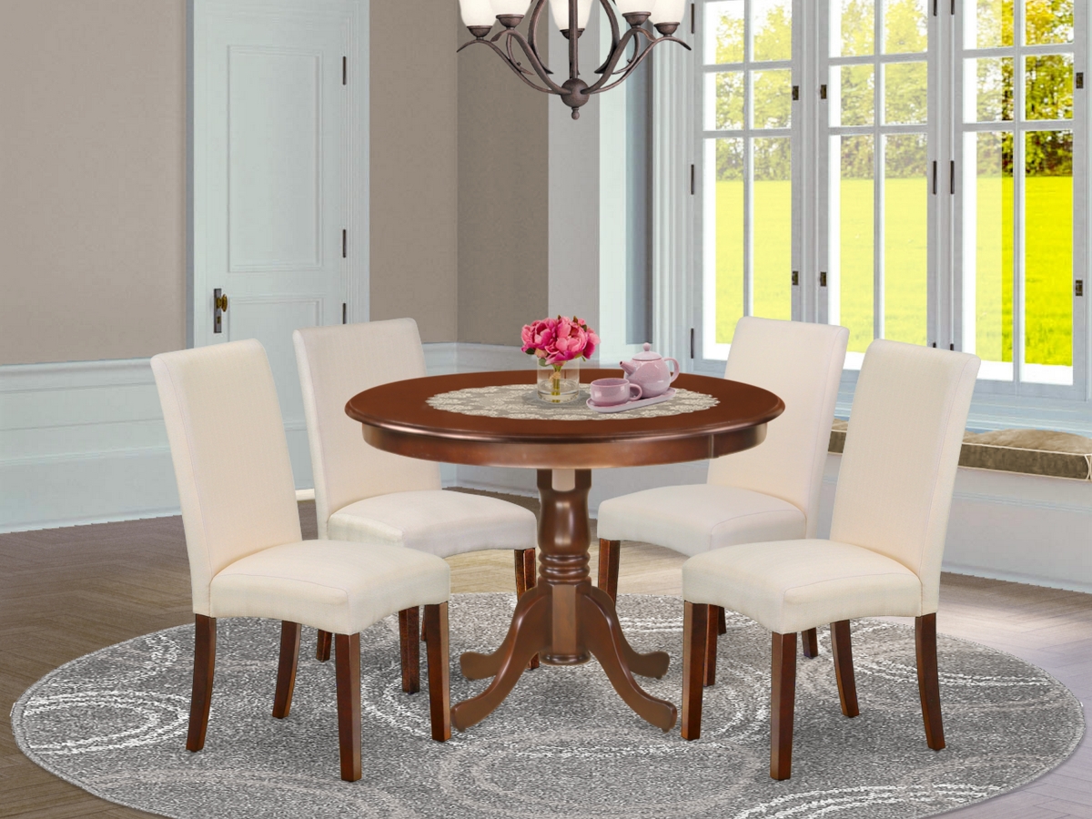 42 in. Hartland Round Dinette Table & Four Parson Chair with Mahogany Leg & Linen Fabric - Cream, 5 Piece